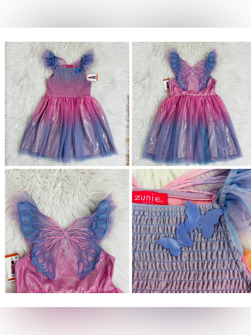NWT! Zunie Girls Pink Purple Butterfly Back Tulle Dress Metallic Sz 7